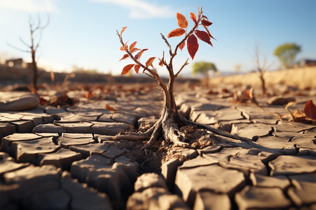 Boom staat in gebarsten aarde en geeft de waterschaarste van de klimaatcrisis weer als gevolg van de opwarming van de aarde