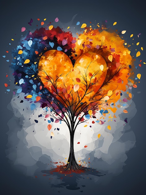 boom twee harten geschilderde bladeren vliegen met elkaar verbonden oranje blauw profiel mededogen vurige deeltjes