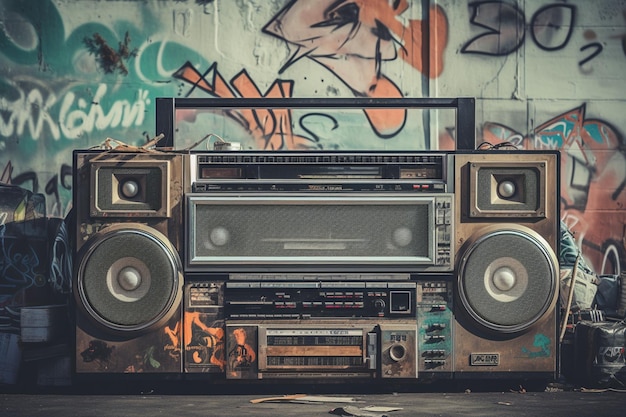 A boombox with a radio in front of graffiti on it
