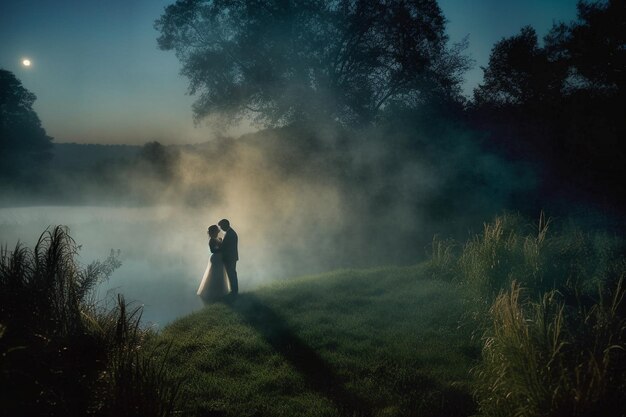 boompark in de schemering met mist