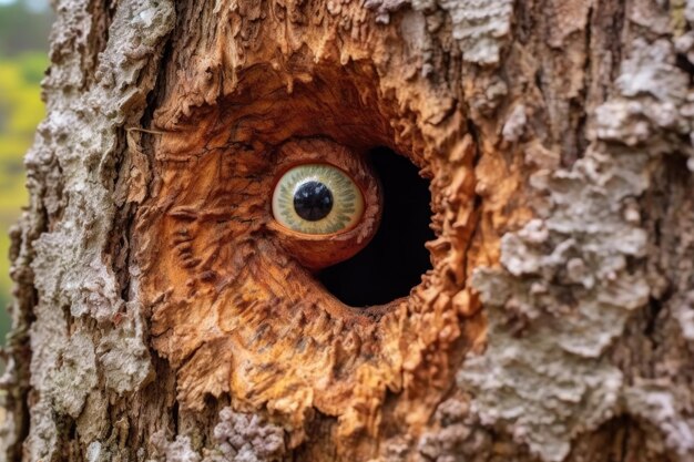 Boomstam met een natuurlijke oogvormige holte gecreëerd met generatieve ai