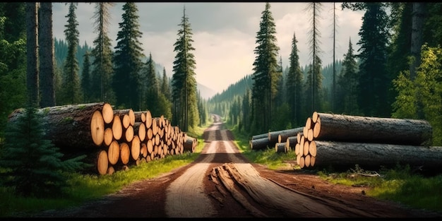 Boomstammen langs de weg in het bos omhakken