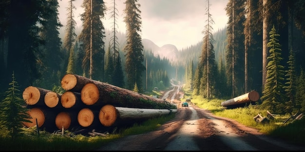 Boomstammen langs de weg in het bos omhakken