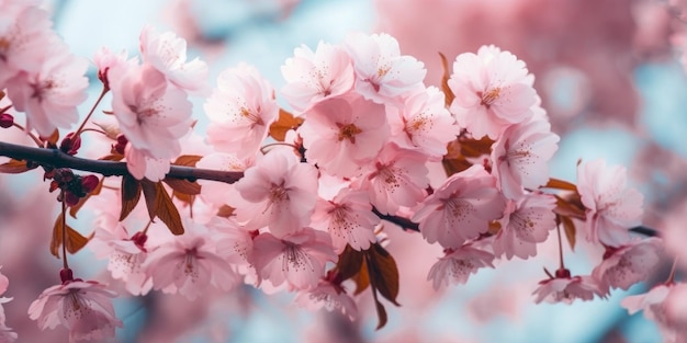 Boomtakken met mooie roze bloemen bloeien in het voorjaar Roze en blauwe achtergrond