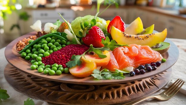 Boontjes, fruit en stukjes zalm op een houten bord