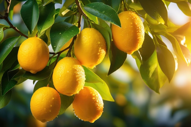 Boontjes verse gele citroenen met groene bladeren op de achtergrond van de zonsopgang Generatieve AI
