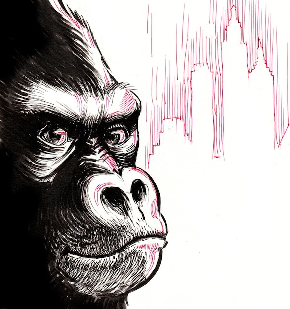 Boos gorillagezicht. Inkt zwart-wit tekening