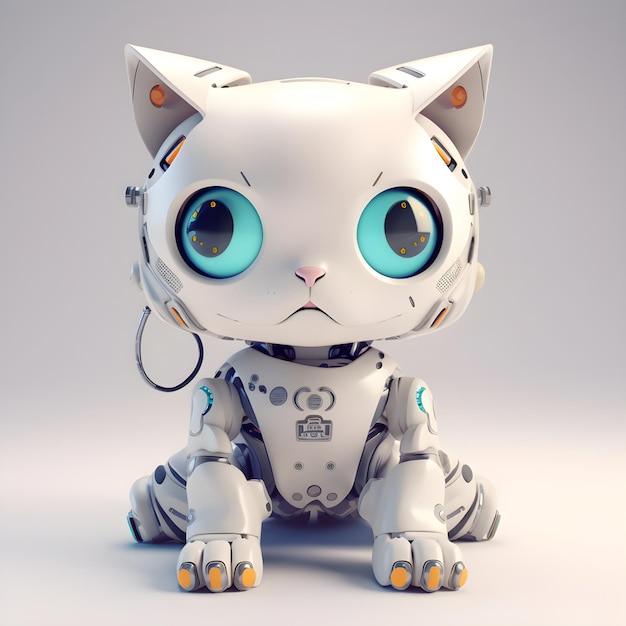 Boos robot kitten machine karakter Elektronisch interactief speelgoed robot kat geïsoleerd op een lichtgrijze achtergrond High-tech concept huisdier van het toekomstige elektronische huis Generatieve AI