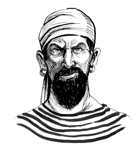 Boos uitziende bebaarde piraat karakter. Inkt zwart-wit tekening
