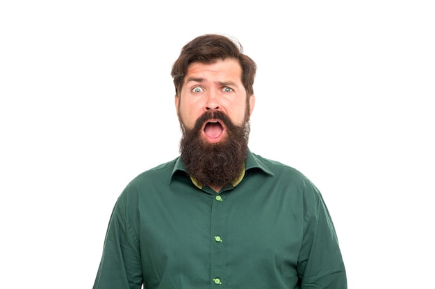 Boost your moustache growth today Bearded man keep mouth open with surprise Surprised hipster isolated on white Beard and moustache grooming Barbershop Barber shop Salon haircare