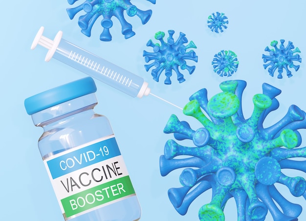 Boostervaccinatie met covid19. Een flesje met een spuit en vliegende virusmoleculen. Voor medische nieuwsartikelen. 3D-rendering.