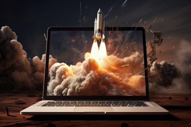 Boosting Performance Laptop Screen Launching Space Rocket Speed Up and Repair Concept