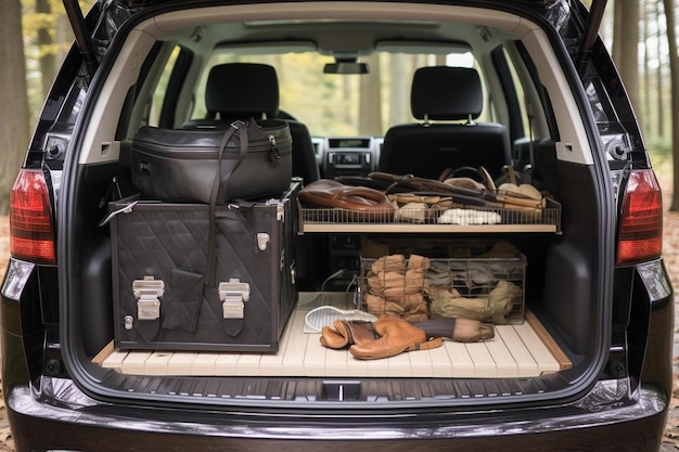 the boot of a car with a bag of things in it