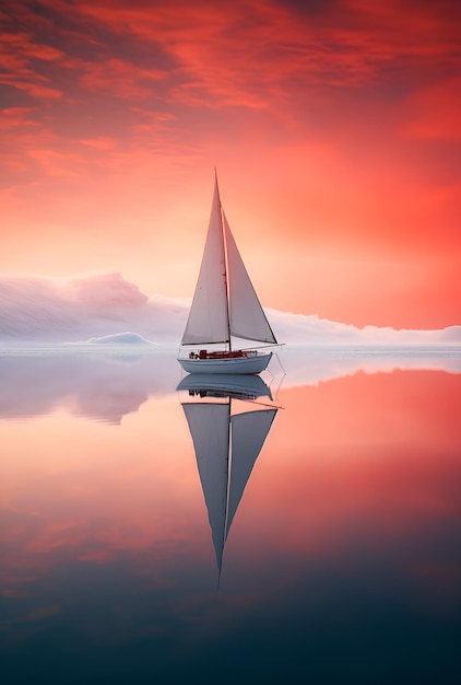 Foto boot gestrand op ijseiland bij zonsondergang ai generatief