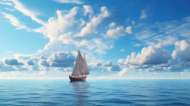 Boot in de zee op een achtergrond van blauwe lucht met wolken