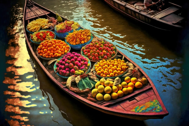 Boot met Thais en rijp helder fruit op drijvende markt