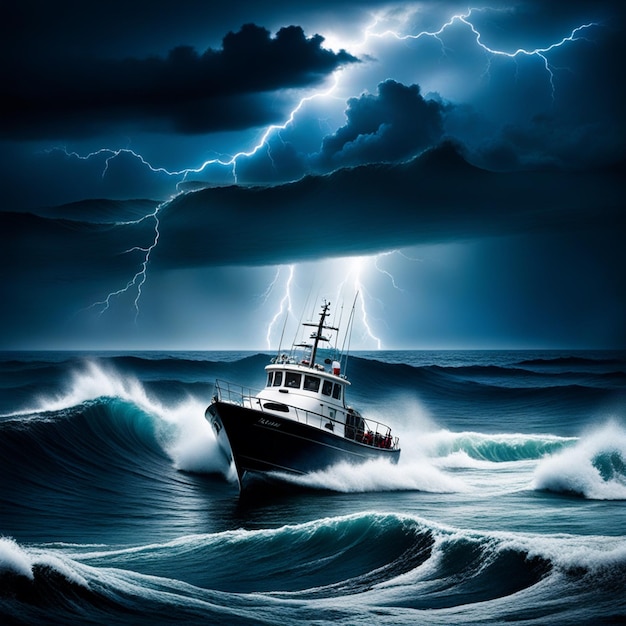 Boot op een ruwe zee sterke golven donkere hemel