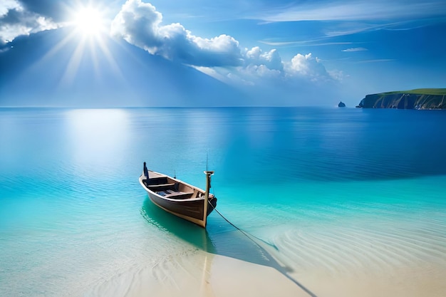 Boot op een strand met de zon die op het water schijnt