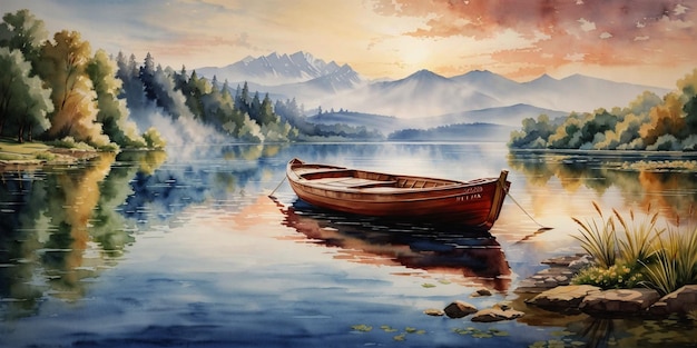 Boot op het meer aquarel olieverfschilderij behang achtergrond landschap varen behang
