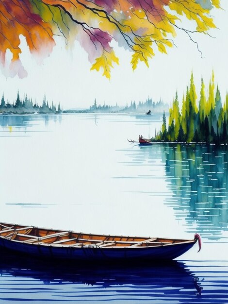 Boot op het meer aquarel olieverfschilderij behang