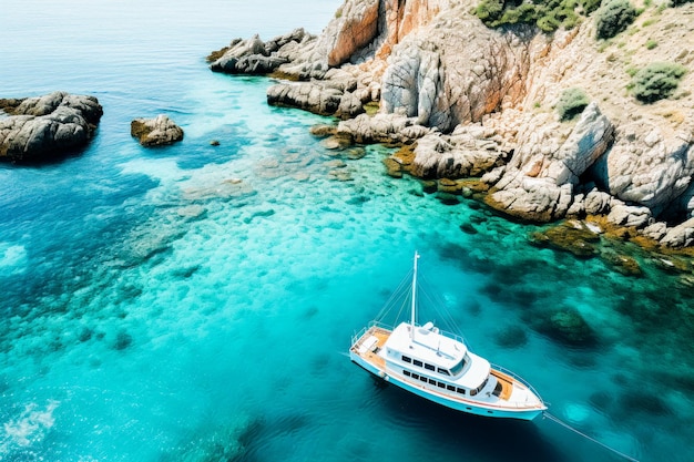 Boot op het water bij de bergen Met helderblauw water Vakantiereis vakantievlucht