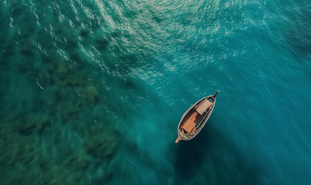 Boot op het wateroppervlak van bovenaf gezien turquoise blauwe water achtergrond van boven gezien zomer zeegebied