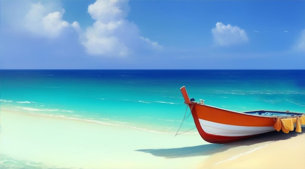 Boot op strand olieverfschilderij behang achtergrond landschap varen Generatieve AI