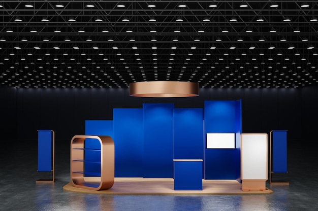 展示ホールの 3 D レンダリングでのイベント見本市ショーのブース展示スタンド表示モックアップ デザイン