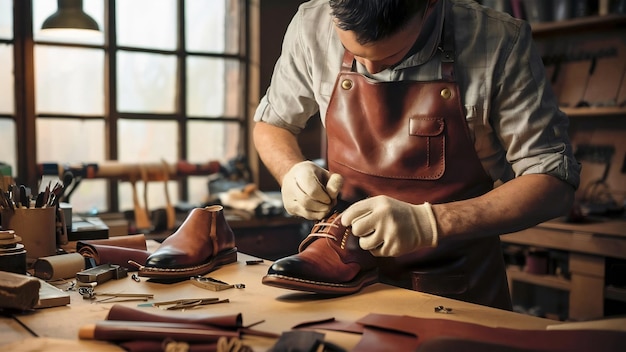 Photo bootmaker in workshop making shoes