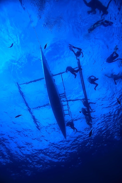 bootmensen duiken onder water / abstracte weergave, onderwaterlandschap, boot en snorkelende mensen