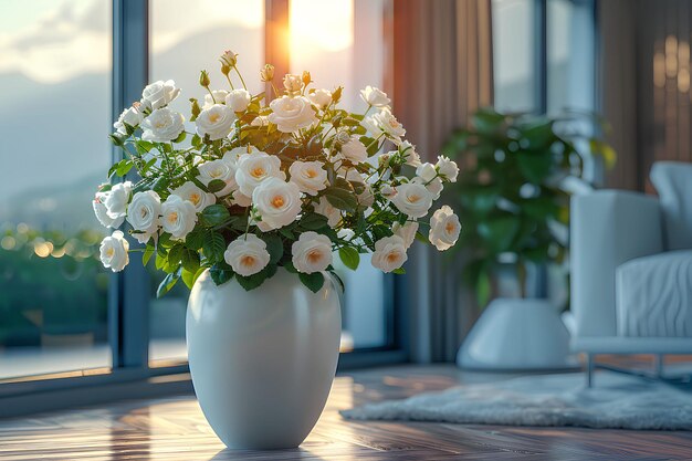 boquet of white roses in ceramic vase on floor in modern interior design with large window with sunset background