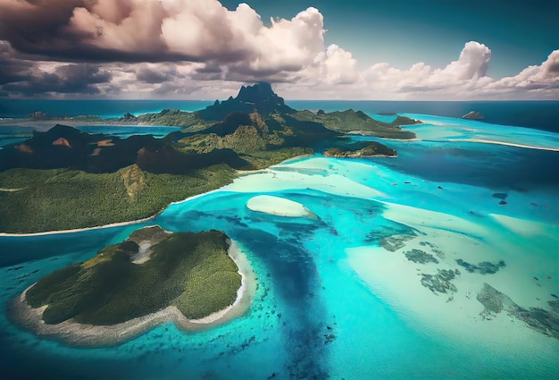 Bora Bora aerial view from drone Island in French Polynesia White sandy beach and mountain Palm trees and blue lagoon Generative Ai Art