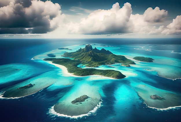 Bora Bora aerial view from drone Island in French Polynesia White sandy beach and mountain Palm trees and blue lagoon Generative Ai Art