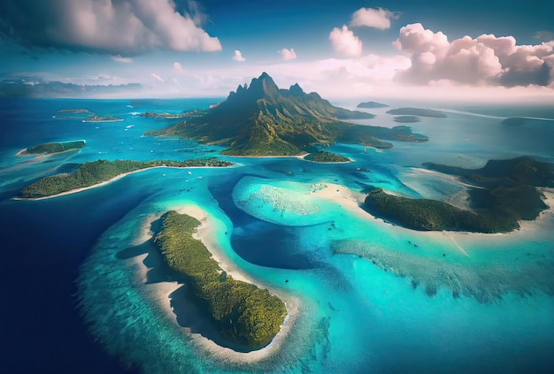 Bora Bora aerial view from drone Island in French Polynesia White sandy beach and mountain Palm trees and blue lagoon Generative Ai Art