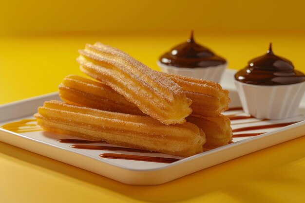 bord churros met chocoladesaus en slagroom