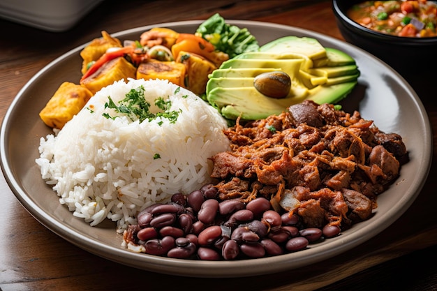 Bord Colombiaans eten met rijstbonen en vlees