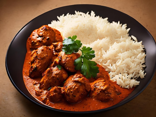 bord eten met rijst en gehaktballetjes kip tikka masala roti