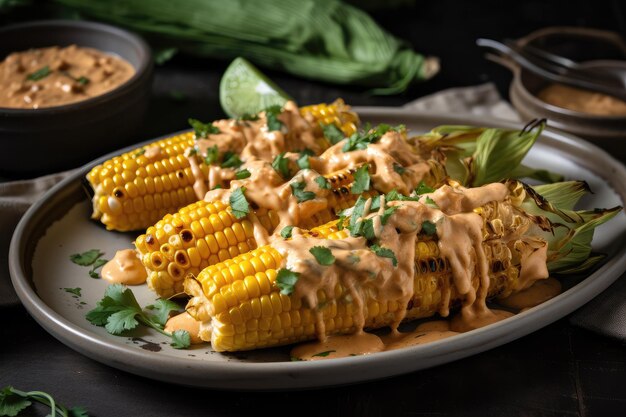 Bord gegrilde mais gegarneerd met romige en pittige chipotlesaus