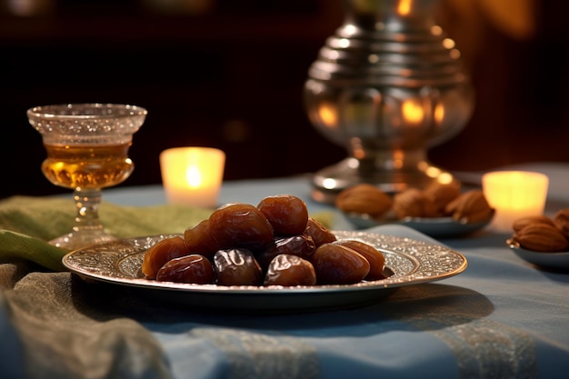 Bord gevuld met dadels en noten, traditioneel voedsel dat vaak wordt geconsumeerd tijdens de Ramadan