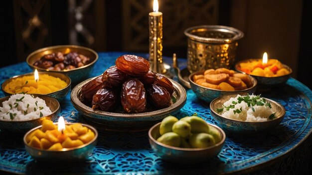 Foto bord met dadels met een glas water ramadan ifter foto