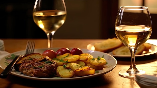 Bord met een steak met gepofte aardappelen, cherrytomaatjes en kruiden bij wijn AI Generative