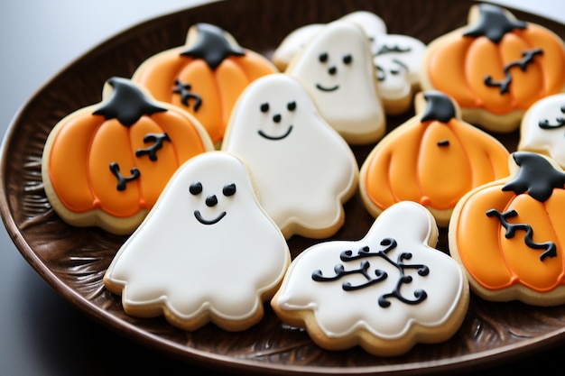 bord met heerlijke spookvormige koekjes en pompoenen voor halloween-feest