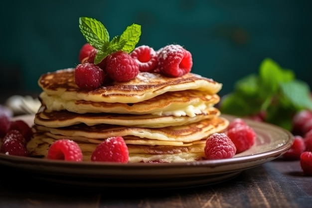 Bord met lekkere dunne pannenkoeken of pannenkoeken op keukentafel AI Generative