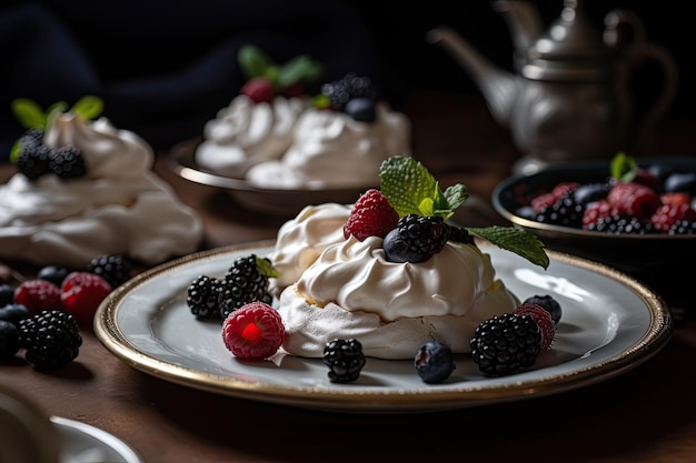 Bord met meringues gegarneerd met bessen en slagroom gemaakt met generatieve ai