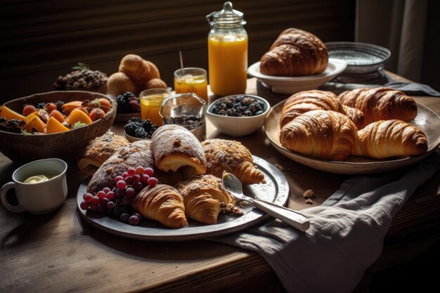 Bord met rustiek brood en gebak klaar voor ontbijt of brunch gemaakt met generatieve ai