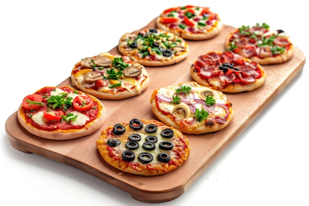 Foto bord met smakelijke mini-pizzas op witte achtergrond