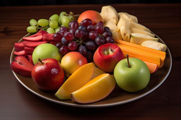 Bord met vers fruit met een verscheidenheid aan texturen en kleuren gemaakt met generatieve AI