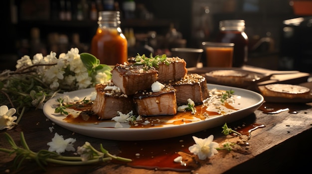 bord met voedsel op een tafel met bloemen Generatieve AI