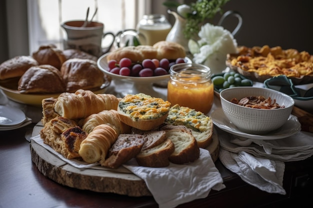 Bord met warme en hartige gebakken producten, perfect voor brunch of diner, gemaakt met generatieve AI