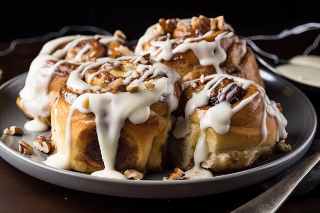 Bord met warme kaneelbroodjes besprenkeld met glazuur en bestrooid met noten